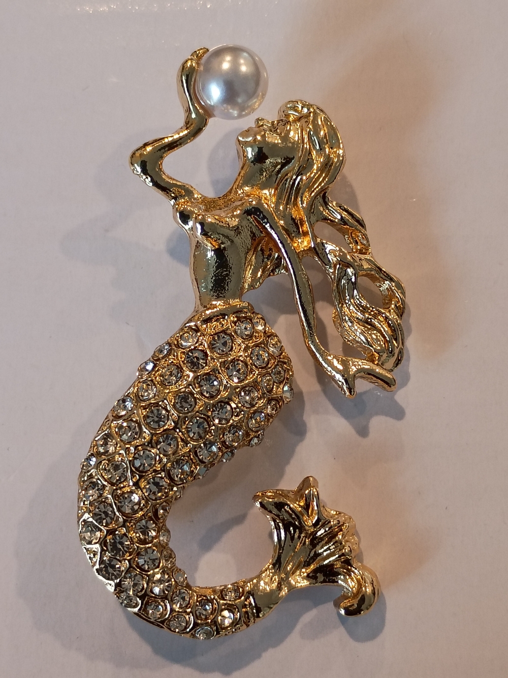 Gold-Tone Rhinestones Mermaid Brooch with Faux  Pearl Accent
